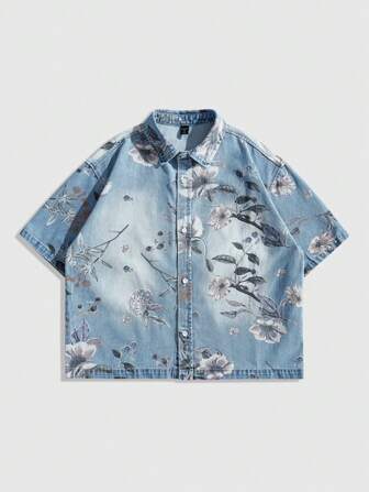 Street Life Men's Floral Print Short Sleeve Single Breasted Casual Denim Shirt Vacation