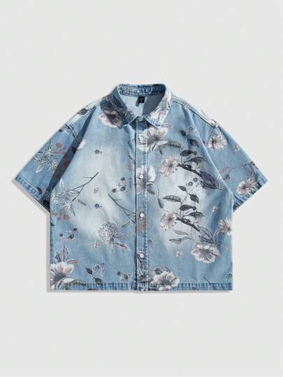 Street Life Camisa vaquera informal de manga corta con un solo pecho y estampado floral para hombre