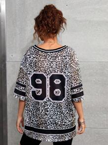 SHEIN Ragazza adolescente, 2 pezzi, abbigliamento per tempo libero e sport, nuova Maglietta casual oversize con scollo a V e stampa leopardata e leggings neri