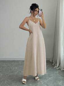 Rafferiza Adjustable Strap Loose White Long Cami Dress For Women Maxi Women Outfit - Khaki - View 4