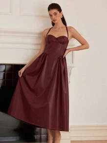 Aveloria Rosie Elegant & Charming Sexy Angola Red PU Halter Tie Waist Ruched Burgundy Dress For Women