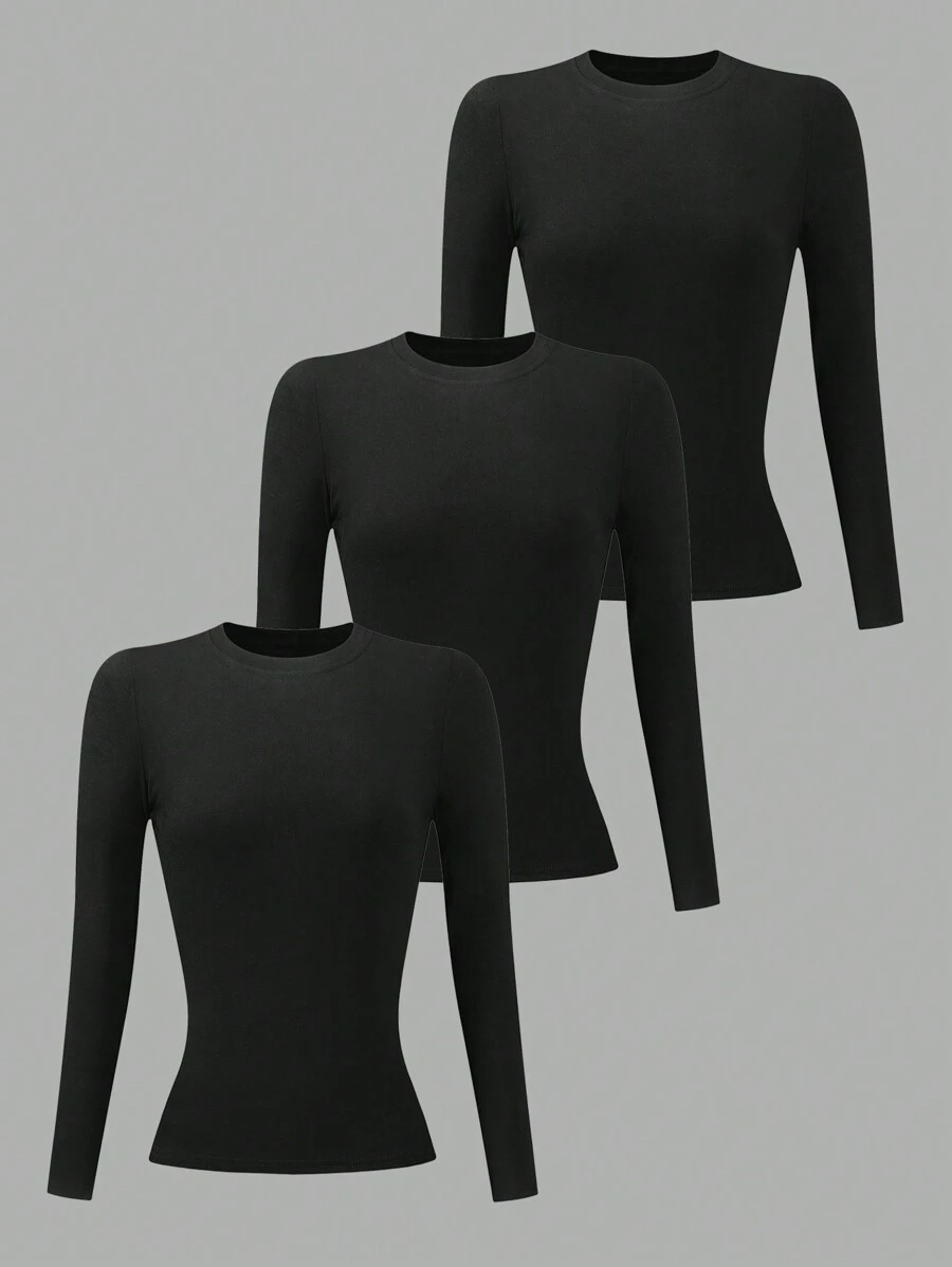 INAWLY 3pcs/Set Kaos Wanita Lengan Panjang Leher Bulat Warna Hitam Pakaian Musim Gugur untuk Wanita - Hitam - View 1