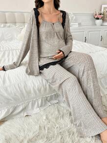 SHEIN 3-Piece Maternity Sleepwear Set: Contrast Color Lace Knit Camisole Pants And Open Front Long Sleeve Cardigan