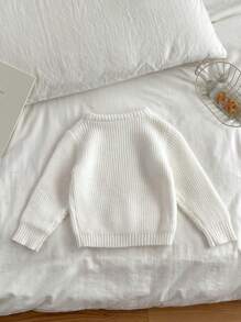 SHEIN Vintaside Kids Baby Girl Embroidered Pink Pullover Sweater, Suitable For Spring/Autumn And As Inner Wear In Cold Winters. The Exquisite Bow Embroidery Adds Adorable And Playful Touches. Suitable For Family Gatherings, Halloween, New Year, Thanksgiving, Christmas, Easter, National Day, Parties, New Year's Eve - White - View 2