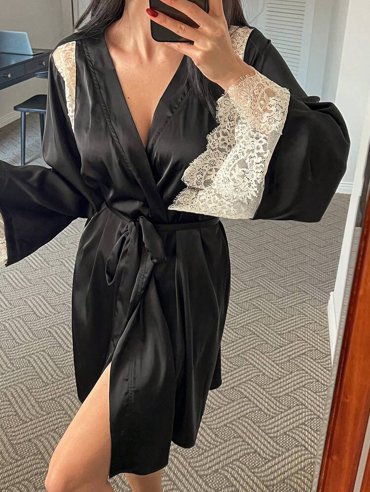 Satin Contrast Lace Patchwork Robe With Tie Waist Belt Pajama