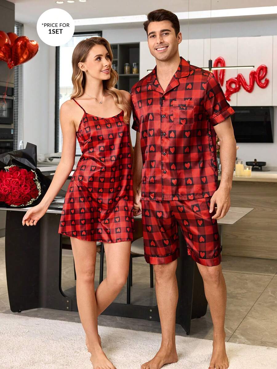 2pcs/Set Men's Checkered Heart Graphic Loungewear Set - Multicolor - View 1