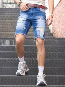 Manfinity Homme Men's Casual Ripped Distressed Hem Denim Shorts