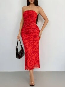 SHEIN PETITE 优雅植物印花垂坠紧身网眼迷你连衣裙