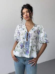 Chiquease Women's Front Tie Short Sleeve All-Over Floral Print Minimalist Blouse - White - View 5