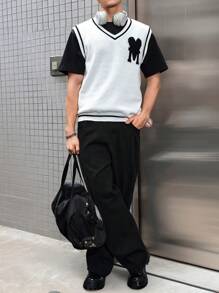 Manfinity CasualKnits Men's Jacquard Pattern V-Neck Contrast Trim White Sweater Vest - Multicolor - View 4