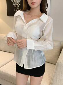 DAZY Women Asymmetric Design Solid Color Casual Chic Shirt, For Daily Wear,Fall Women Clothes Long Sleeve Top