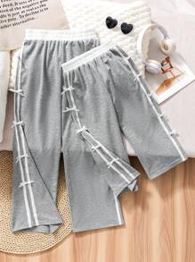 SHEIN Girls Young Girl Casual Comfortable Knitted Solid Color Splicing Herringbone Side Ribbon Bow Decor Pants - Light Grey - View 3