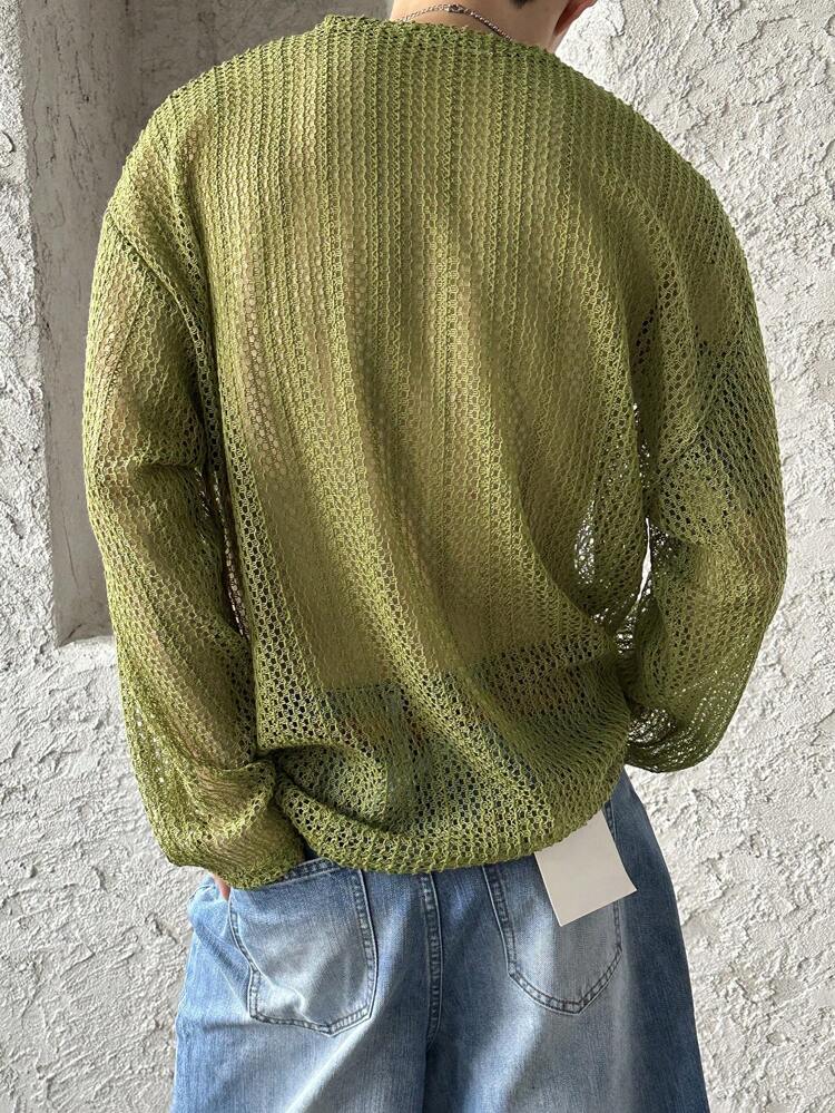 Men's Plain Green Textural Fabric T-Shirt, Summer Long Sleeve Men Shirt, Fall