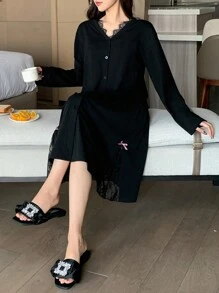 DAZY Women's Long Sleeve Loose Lace Patchwork Open Front Knitted Nightgown Pajama - Black - View 5