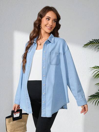 SHEIN Chemise en jean décontractée à longues manches, à une boutonnière, à poches, à épaules tombantes pour femme enceinte, automne