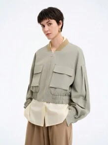 SHEIN LUNE 女式休闲短款大口袋工装夹克 - 灰色 - 查看 5