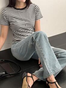 DAZY 女士夏季新款条纹圆领休闲商务短袖 T 恤