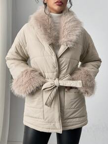 Firerie Women Zip-Up Front Long Sleeve Pockets Faux Fur Patchwork Casual Winter Jacket