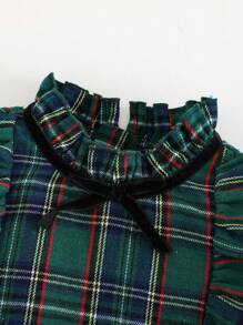 Cozy Pixies Vestido de manga larga con cintura, volantes y lazo con estampado de cuadros para niña