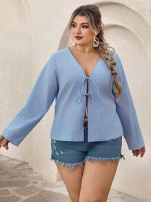 SHEIN VCAY 大码女式条纹前系带长袖休闲衬衫 - 藍白色 - 查看 4