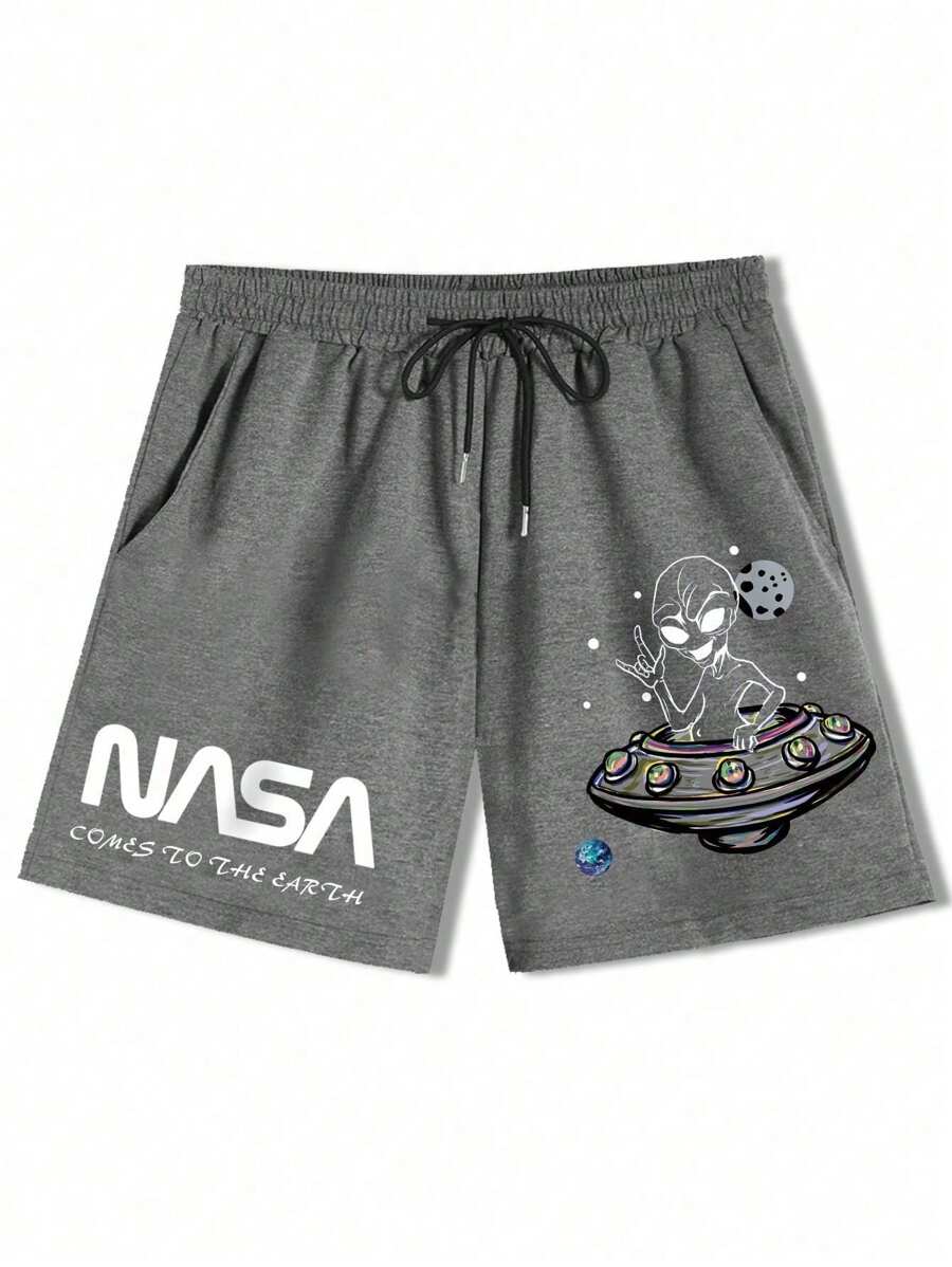 Manfinity EMRG Pantalones cortos holgados para hombres con cordón en la cintura y gráficos de astronauta y letras