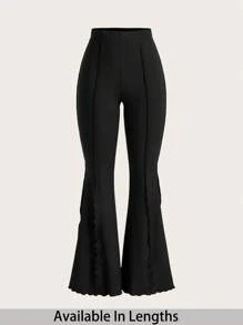 SHEIN Tall CURVE Plus Tall Women Lettuce Trim Elastic Women's Flared Pants - Black - View 1
