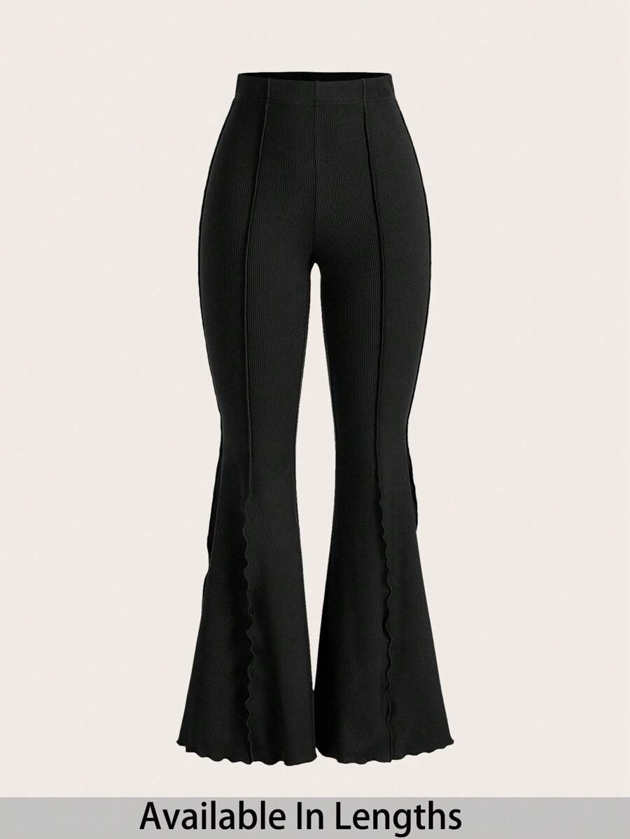 SHEIN Tall CURVE Plus Tall Women Lettuce Trim Elastic Women's Flared Pants - Black - View 1