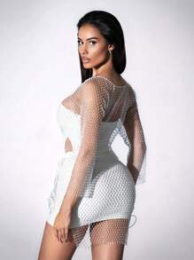 Zolique Vestido sexy de manga larga con cuello redondo, transparencia de malla y diamantes sintéticos para mujer