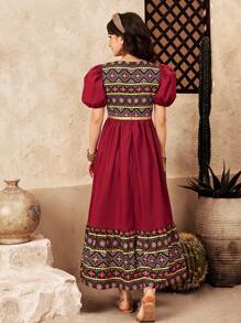 SHEIN Mädchen Mehrfarbig Blumenmuster Patchwork Kontrastfarbe Puffärmel A-Linie Kleid, locker sitzend, geeignet für Nationalfeiertag, Eid-Fest, Urlaub, Lässig-Treffen & Partys, Frühling & Sommer - Rot - Übersicht 2