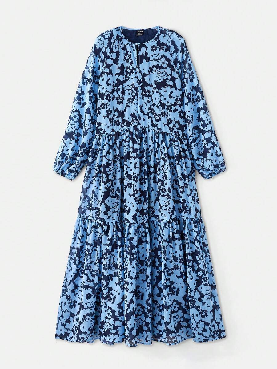 SHEIN 女士花卉印花圆领长袖休闲连衣裙 - 彩色 - 查看 1