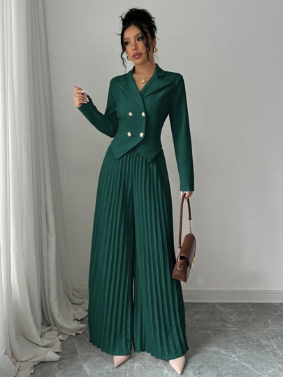 Elenzga Pleated Double-Breasted Long Sleeve Elegant & Romantic Women's Business Suit