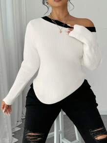 Celure Plus Size Dames Zwart & Wit Tweekleurige Asymmetrische Kraag Getailleerde Pullover Trui, Herfst/Winter
