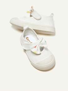 Cozy Pixies 1 Pair Girls Bowknot White Canvas Hook And Loop Flat Fashionable Casual Design Simple Cute Comfortable Sneakers, Suitable For Everyday Wear - White - View 3
