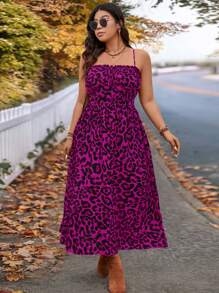SHEIN VCAY Vestido largo estilo A con busto fruncido y estampado de leopardo, ideal para talla grande, otoño/invierno, Halloween y regreso a clases - Rosa Fucsia - Ver 7