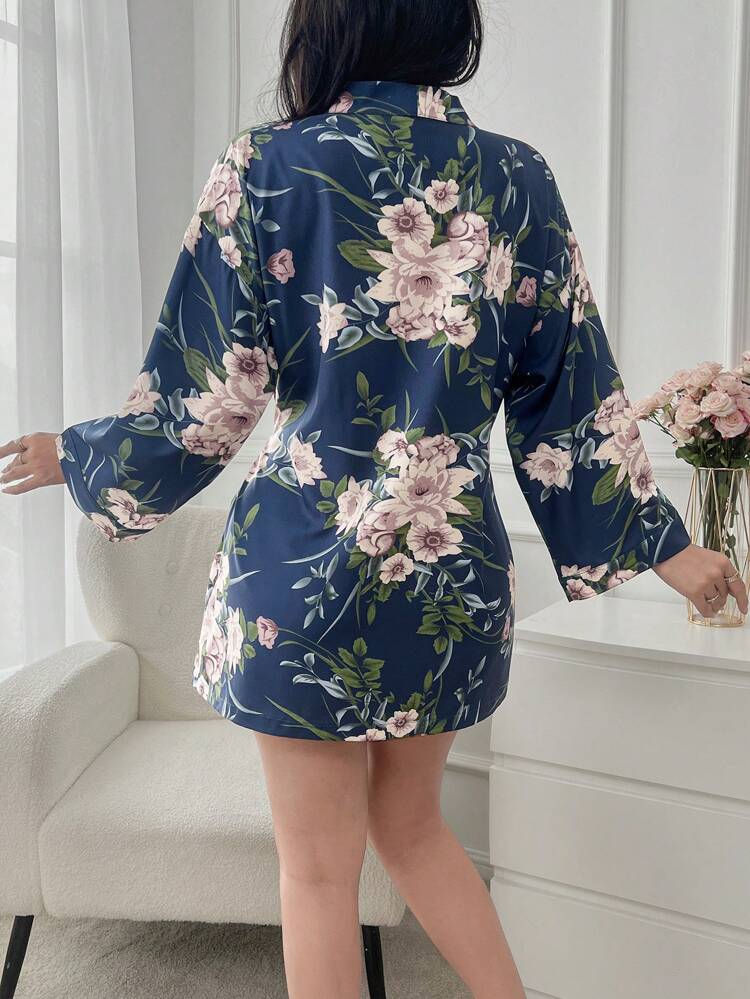 Floral Print Waist Belt Vacation Women Long Sleeve Fashion Shirt,Fall Boho