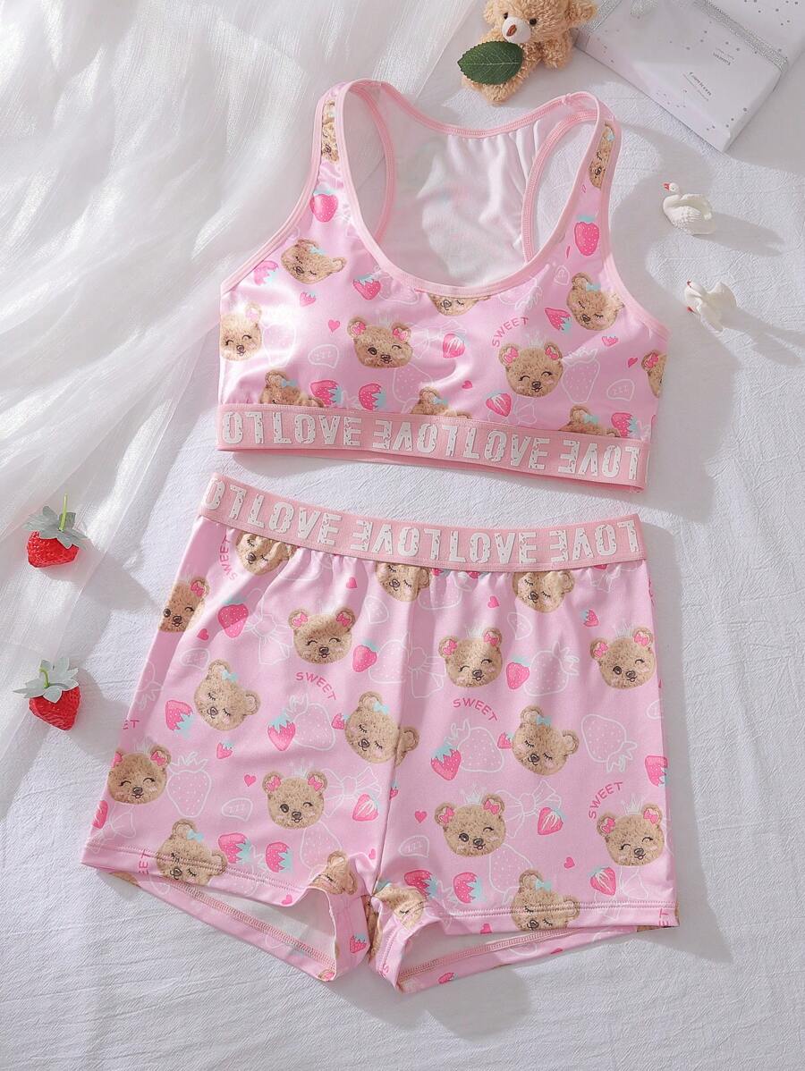 Set de camiseta y calzoncillo con estampado de oso, lindo y dulce, ropa interior para adolescentes niñas - Multicolor - Ver 1