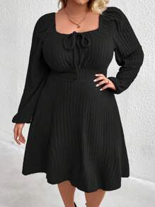 SHEIN CURVE+ Plus Size Women's Solid Color Ribbed Casual Knotted Front Lantern Sleeve Dress - Black - View 3