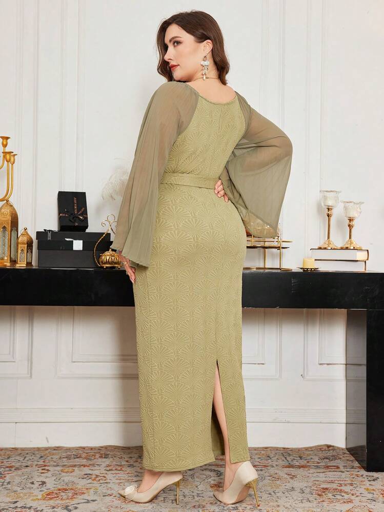 فستان طويل مقاس كبير بياقة مستديرة وأكمام طويلة