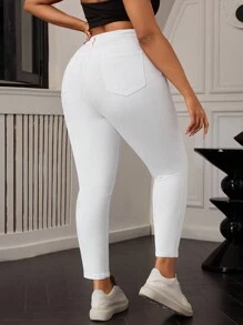 SHEIN EZwear Plus Size Plain Simple Fashion Casual Daily Denim Jeans - White - View 2