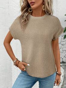 SHEIN LUNE Áo thun nữ tay ngắn kaki cánh dơi mùa xuân - Màu Khaki - Xem 4
