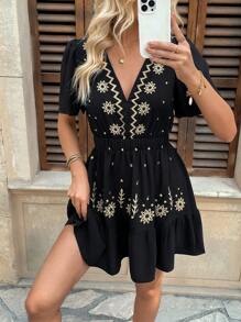 Calvaya V-Neck Embroidered Waist Slimming A-Line Short Dress