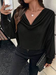 SHEIN Clasi Camiseta de cuello de pico sencilla de talla grande, casual y de moda para uso diario - Negro - Ver 4