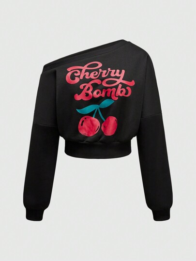 Kawaii Bare Shoulder Cherry Print Cropped Sweatshirt