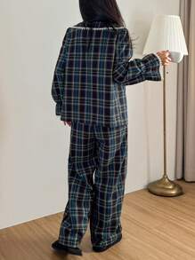 DAZY Cute Christmas Plaid Ruffle Collar Splice Pajama Set - Blue - View 2