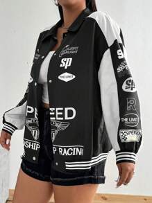 SHEIN MOOSTA Áo khoác chắp vá màu hồng cỡ lớn cho nữ - Đen và trắng - Xem 3