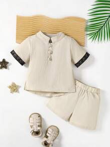 2 pezzi/set Top e pantaloncini da bambino set di colore albicocca con stampa, colletto alla coreana, tessuto morbido e confortevole, adatto per uso quotidiano, vacanze, scuola, riunioni, primavera/estate - Albicocca - Visualizzare 6