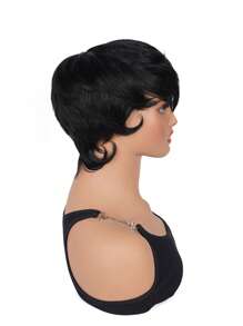 Pelucas cortas de cabello humano, peluca de corte Pixie con flequillo, peluca ondulada corta en capas de color negro - S1 - Ver 5