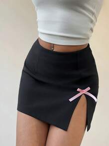 Aloruh Side Slit Contrast Color Bow Decor Romantic Valentine's Date Elegant Skirt, Pink