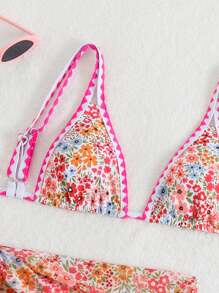 Swim Mod 3pcs Springbreak Set For Women: Ditsy Floral Shell Trim Top, Sarong Scarf And Bikini Bottom For Summer Beach Vacation - Multicolor - View 5