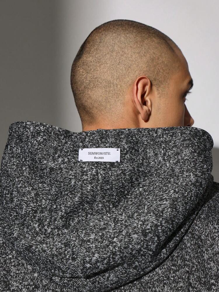 Felpa con cappuccio in maglia mélange con zip intera e ricamo